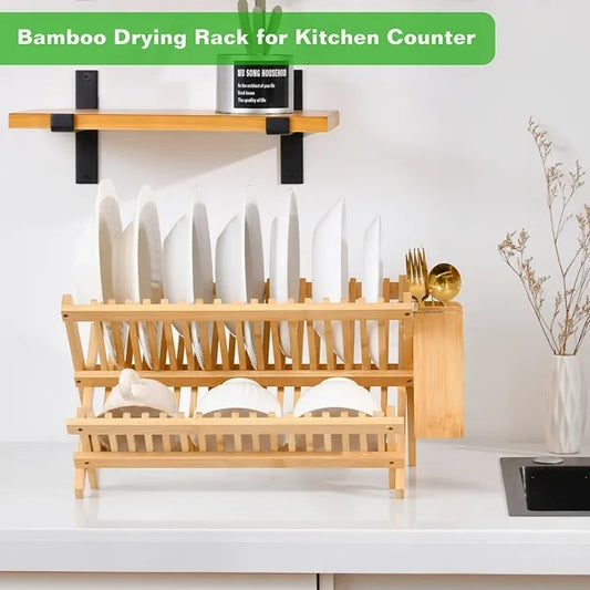 Collapsible 2-Tier Bamboo Dish Drying Rack with Utensil Holder