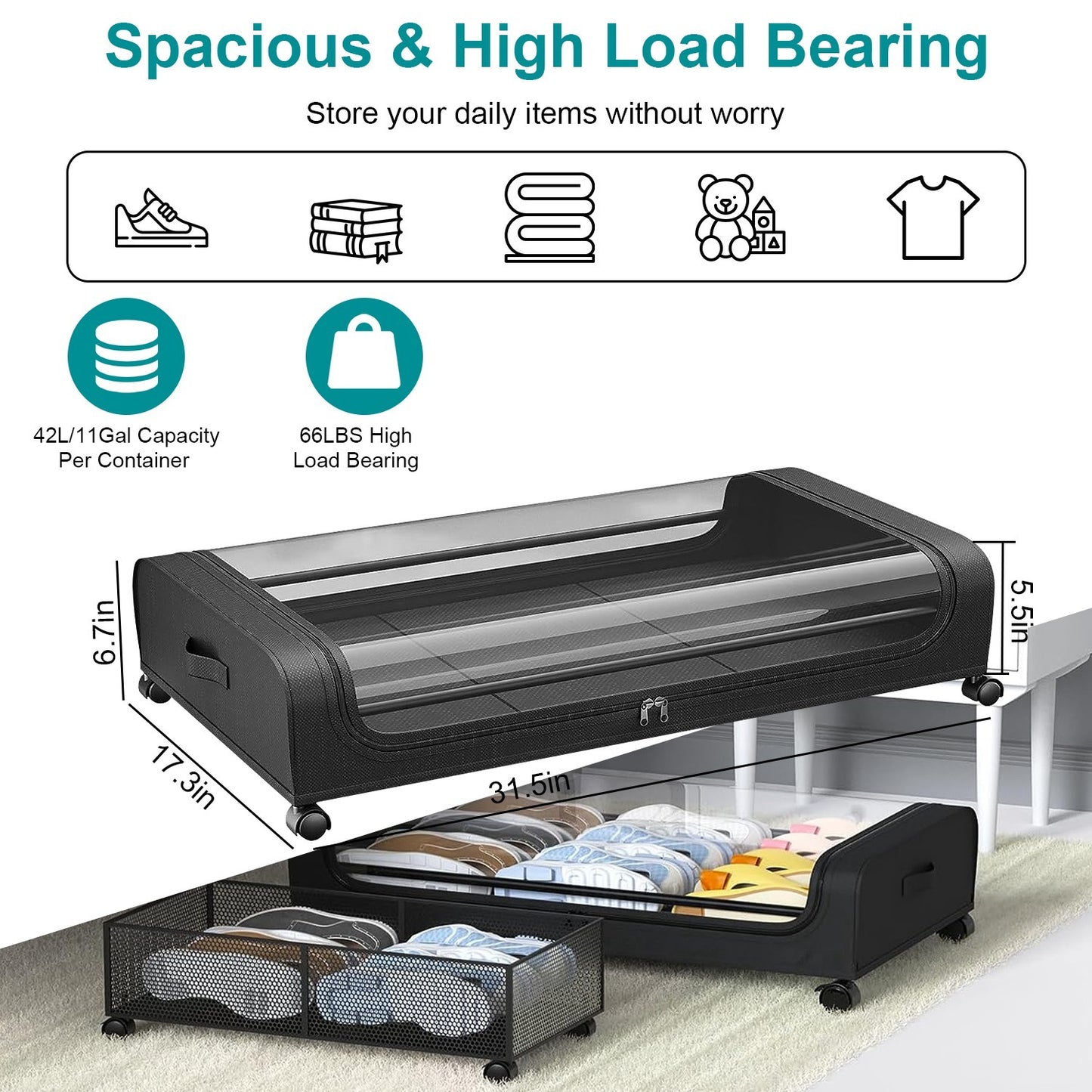 Under-Bed Storage Containers with Wheels & Lid – 42 L (2-Pack)
