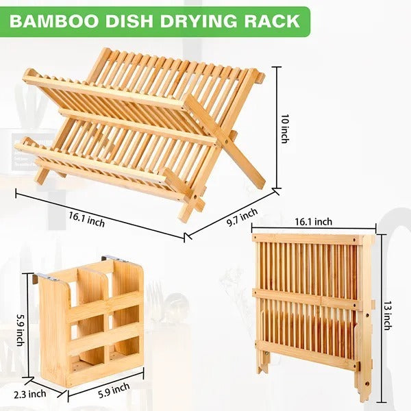 Collapsible 2-Tier Bamboo Dish Drying Rack with Utensil Holder