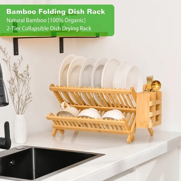 Collapsible 2-Tier Bamboo Dish Drying Rack with Utensil Holder