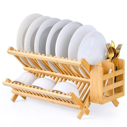 Collapsible 2-Tier Bamboo Dish Drying Rack with Utensil Holder