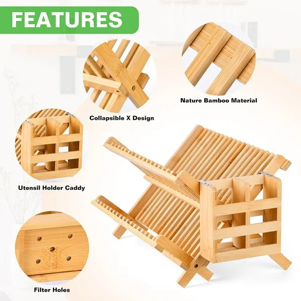 Collapsible 2-Tier Bamboo Dish Drying Rack with Utensil Holder